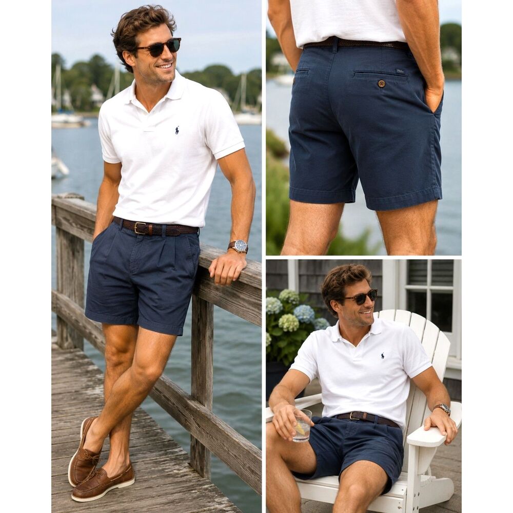 Polo Ralph Lauren Men's Navy Cotton Chino Shorts Pleated Size 35